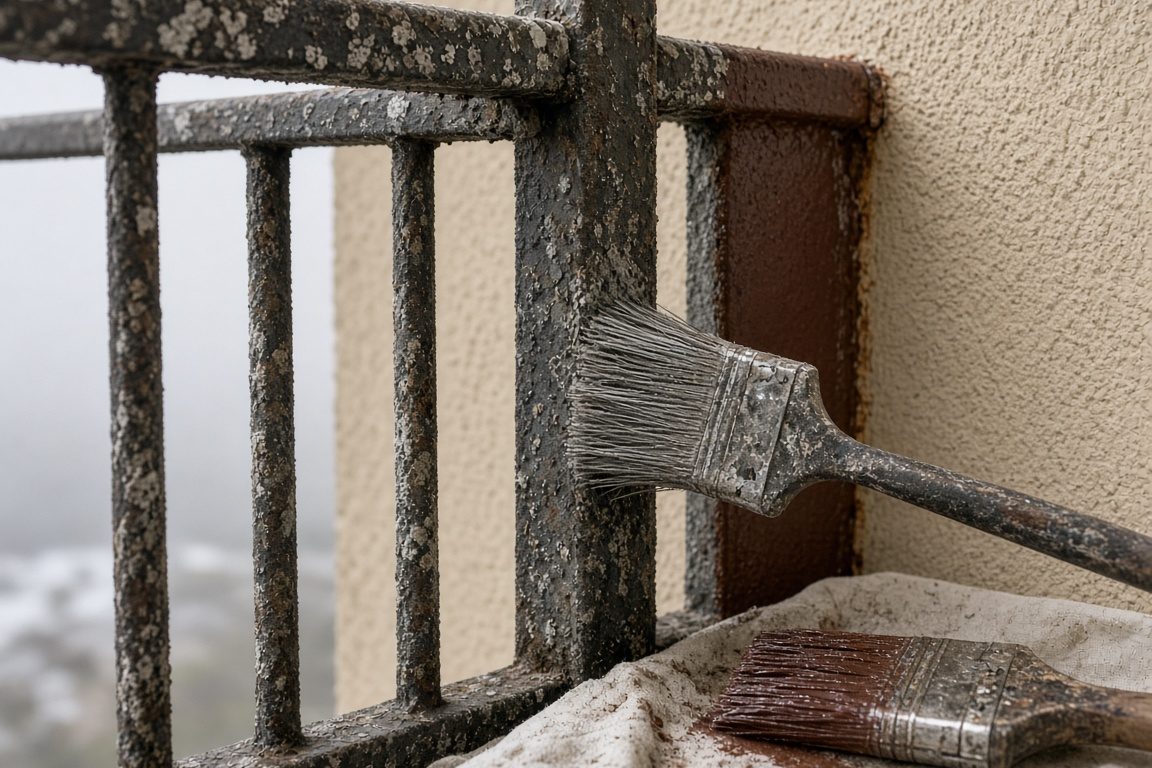 Illustration of weathered wood railing being prepped